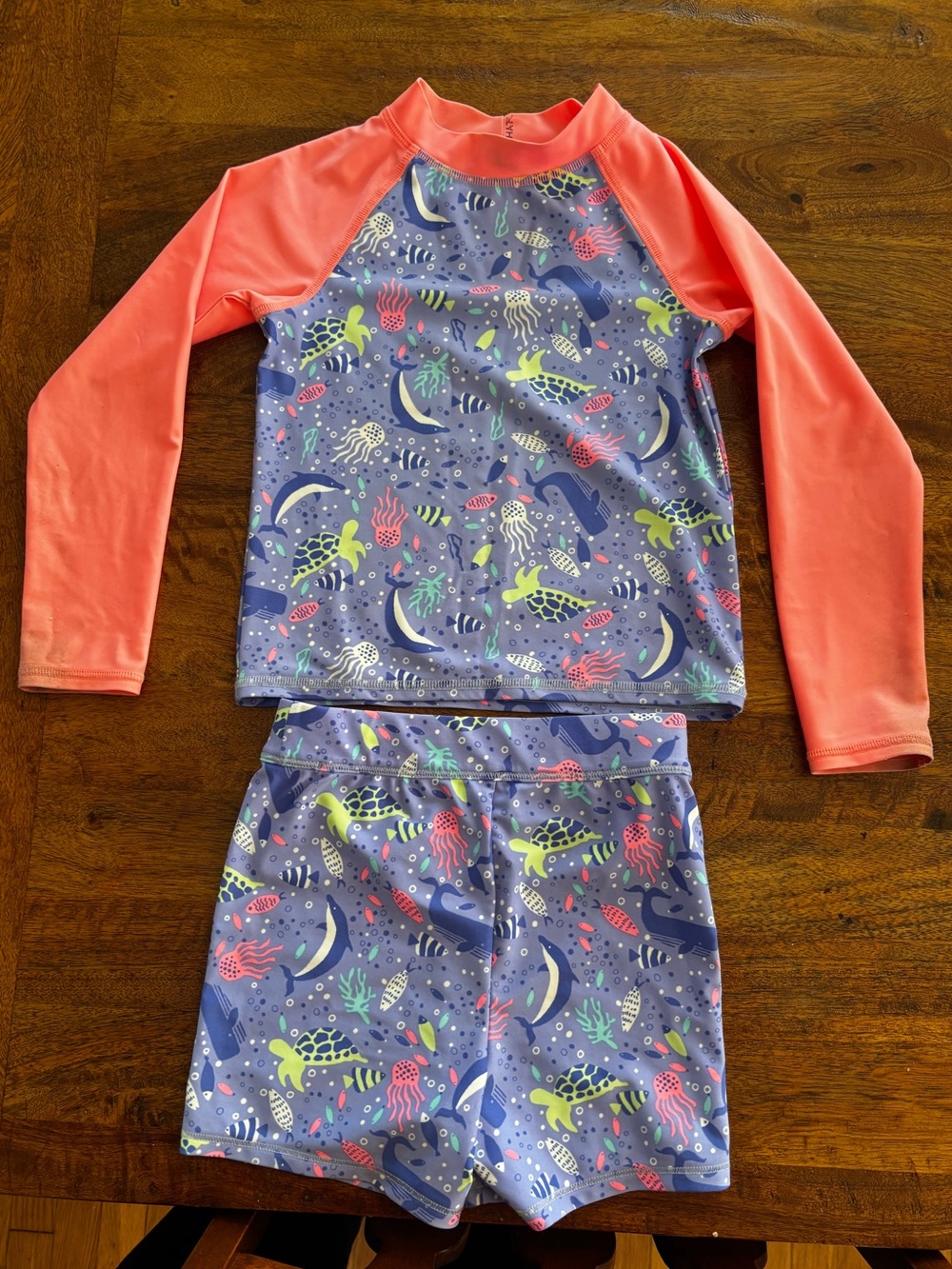 L.L. Bean Coral-Sleeve Purple Ocean Print Kids Rash Guard Set